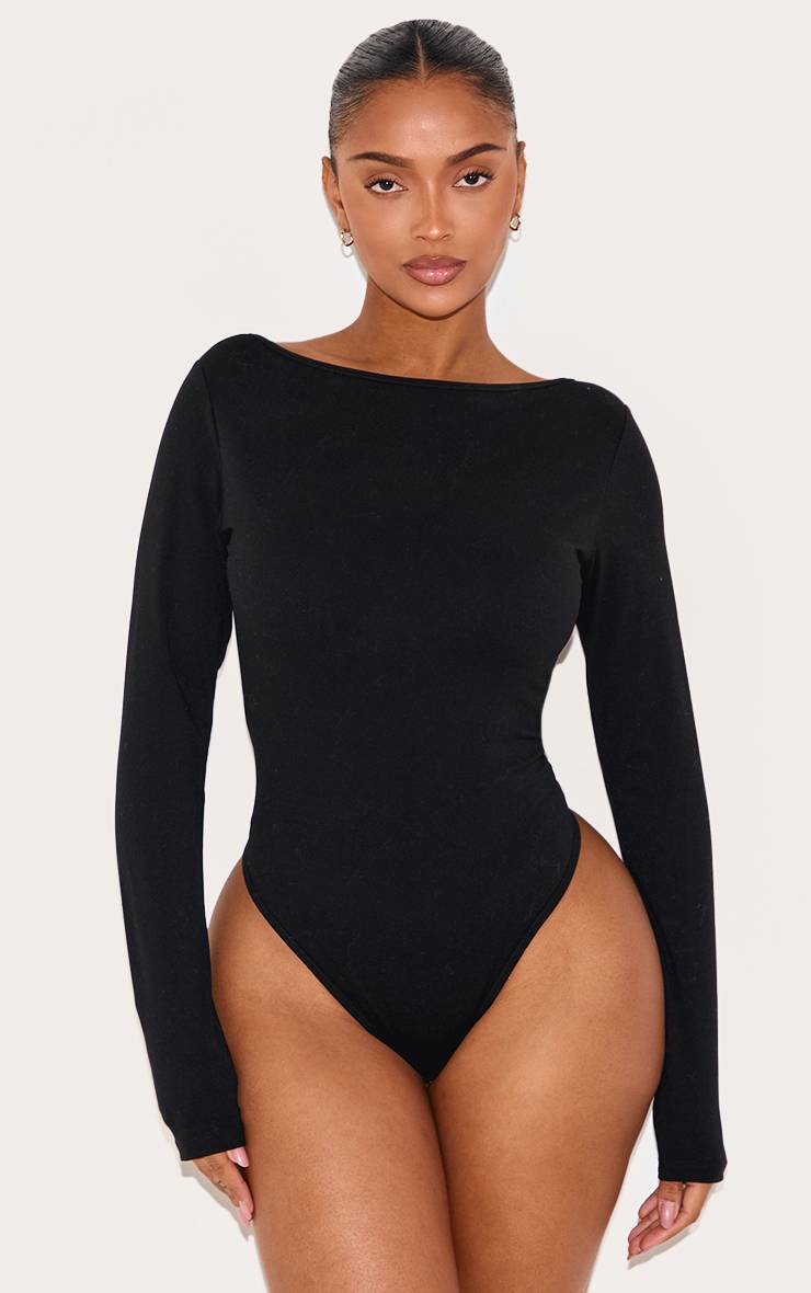 Noir Body Sculptant Shape Col Bateau Manches Longues Avec Soutien-gorge Intégré
