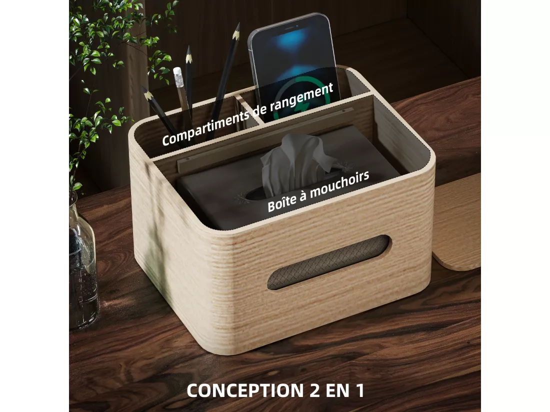 Organiseur de bureau rangement bureau - 2 compartiments, boîte à mouchoirs - aspect bois naturel