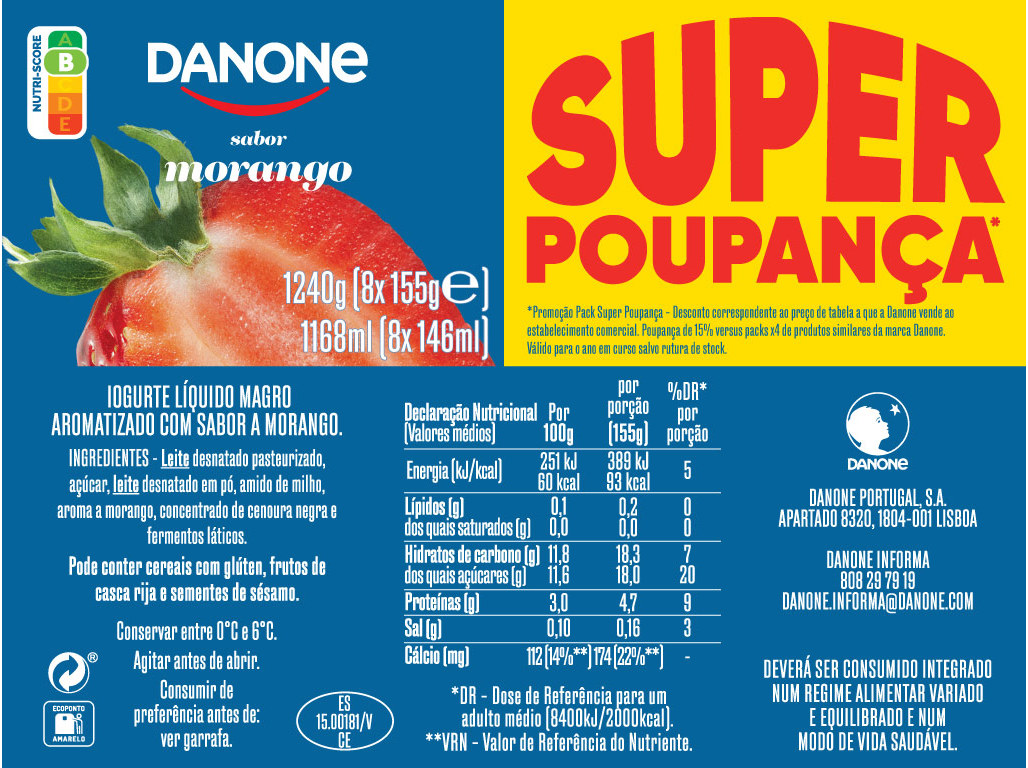 IOGURTE LIQUIDO DANONE MORANGO POUPANÇA 8X155G