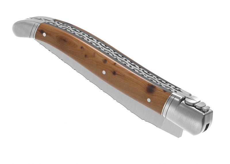 Couteau Laguiole prestige avec un manche en bois de genévrier et mitres en acier inoxydable