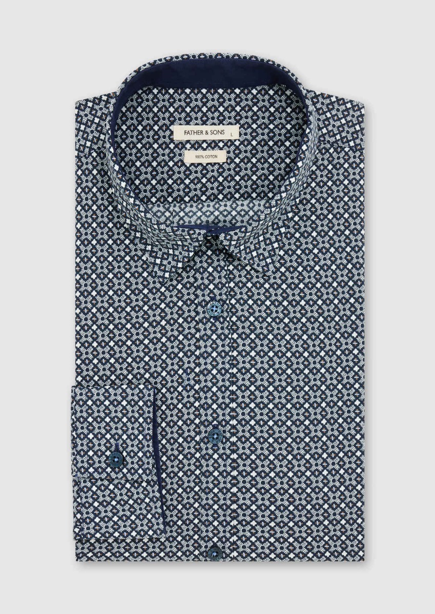 Chemise sport Slim en popeline de coton blanc à motif fantaisie bleu indigo