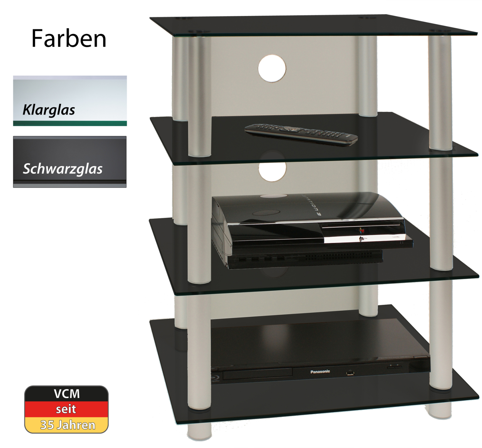 TV-Rack - silber-schwarz - 4 Glasböden - 54 cm breit