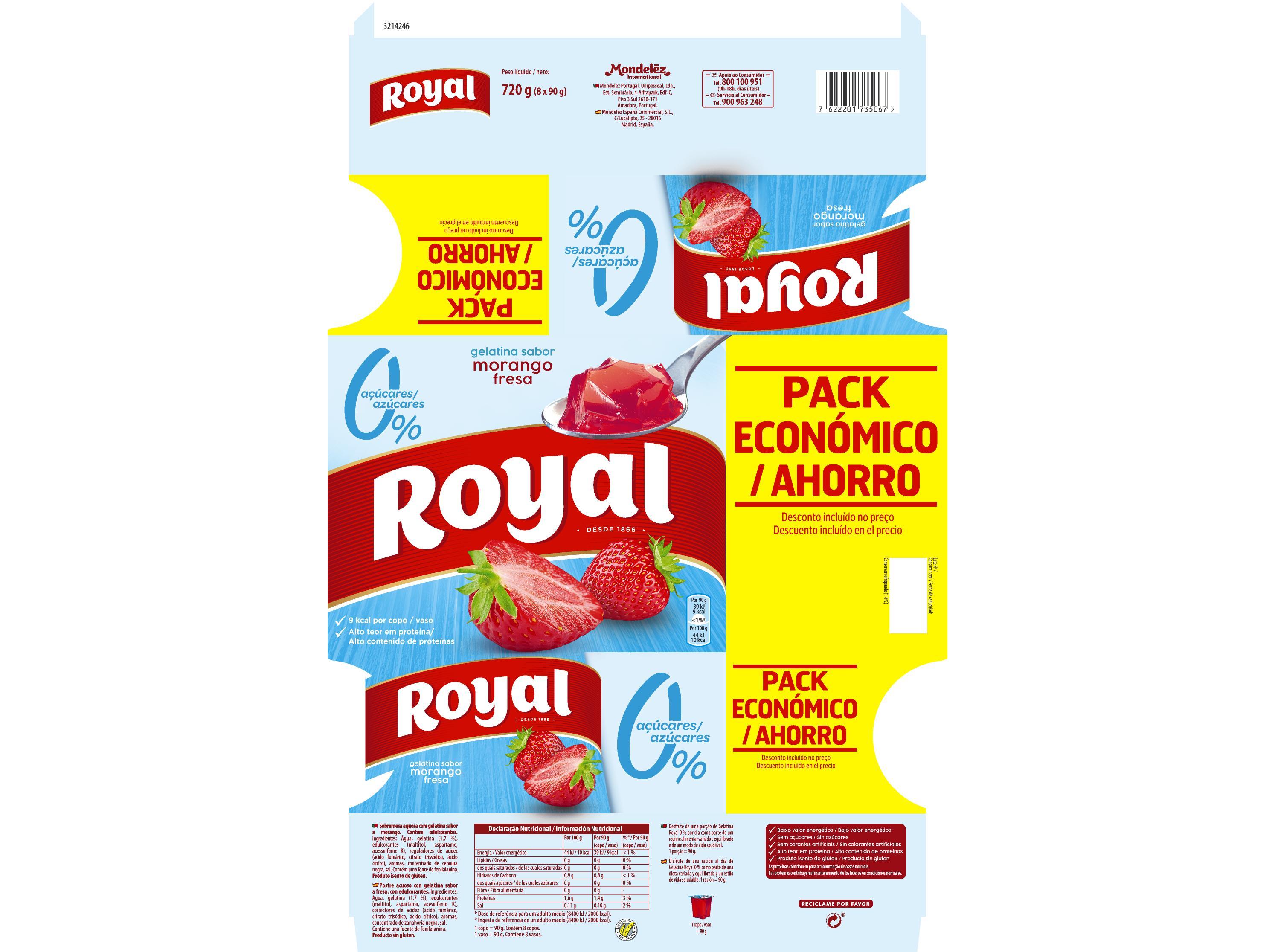 GELATINA ROYAL MORANGO 0% DE AÇÚCAR 8X90 G