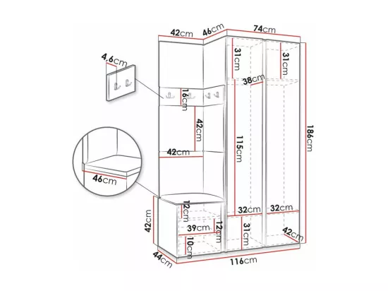 Meuble d'entrée Hartford 350, 186x116x44cm, Miroir, Blanc, Faux cuir|Stratifié