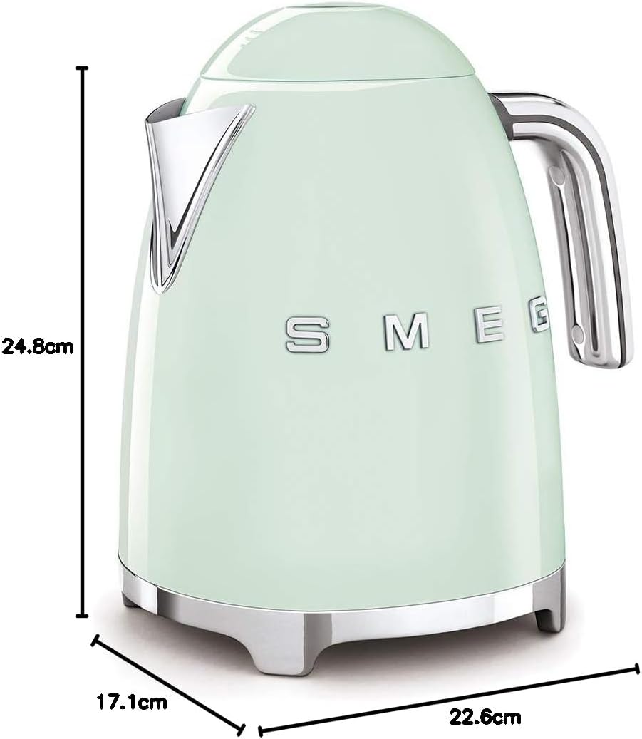 Smeg, Bouilloire Électrique KLF03PGEU 1,7 L, Filtre Anticalcaire Lavable, Arrêt Automatique de Sécurité, Indicateur de Niveau d'Eau, Base Antidérapante, Range Cordon, Puissance 2400W, Vert d'Eau