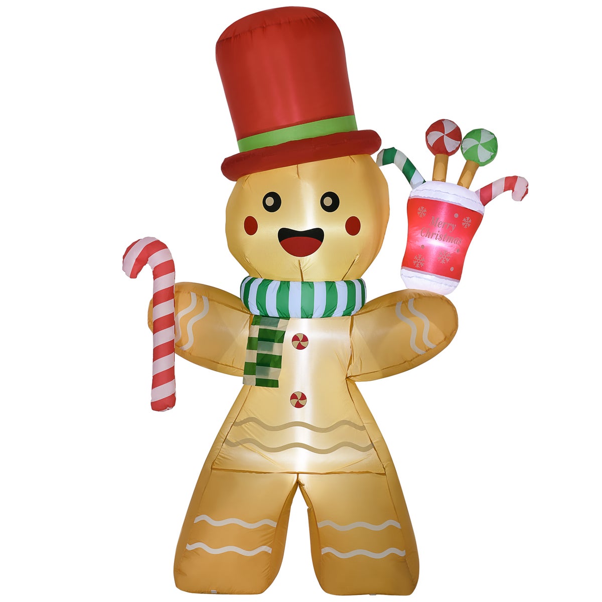 HOMCOM Opblaasbare kerstkoekenman 2,35 m Kerstdecoratie met LED-lampjes en zuurstok Kersttuindecoratie Automatisch opblazend Waterdicht Polyester Oranje