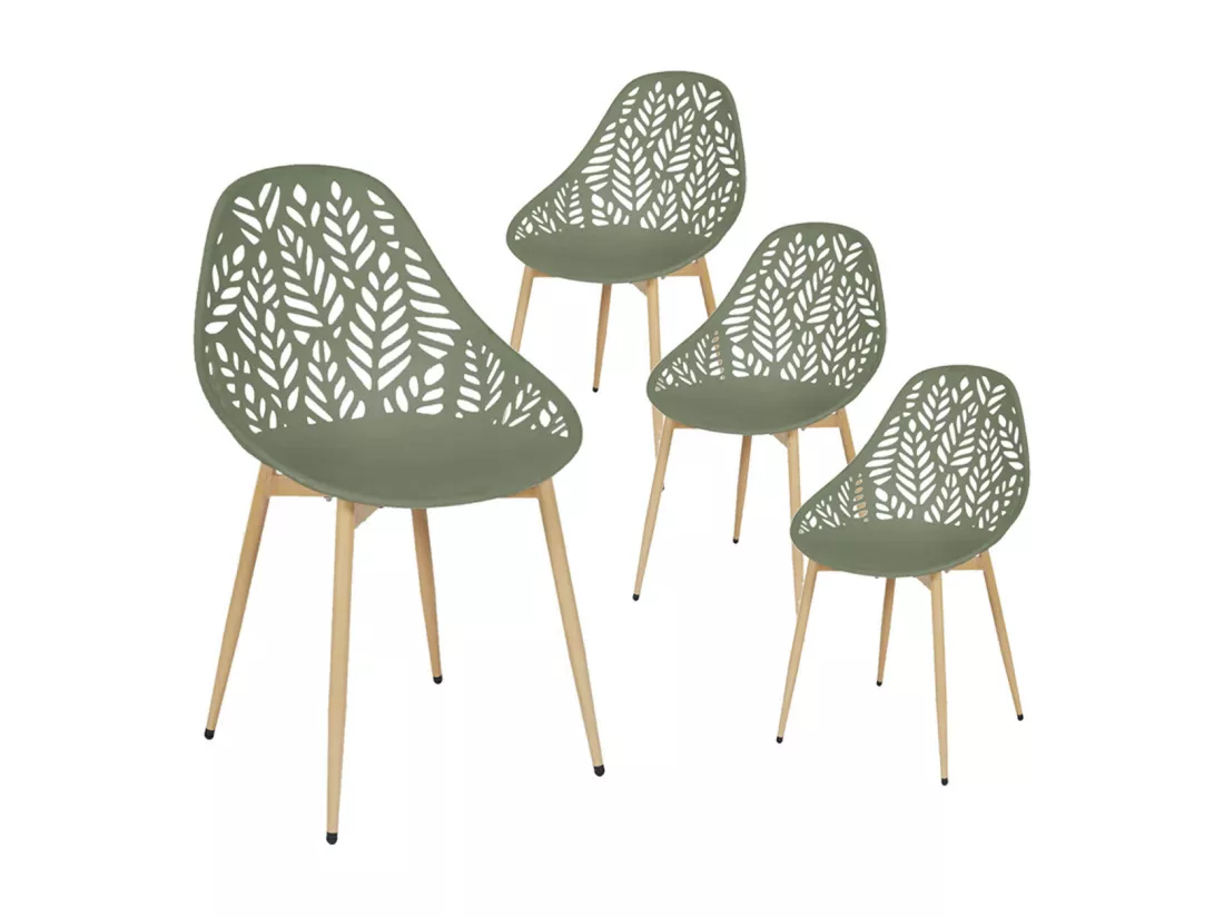 SAYA - Lot de 4 Chaises de Jardin Coque Plastique Ajourée Vert Olive Pieds Métal