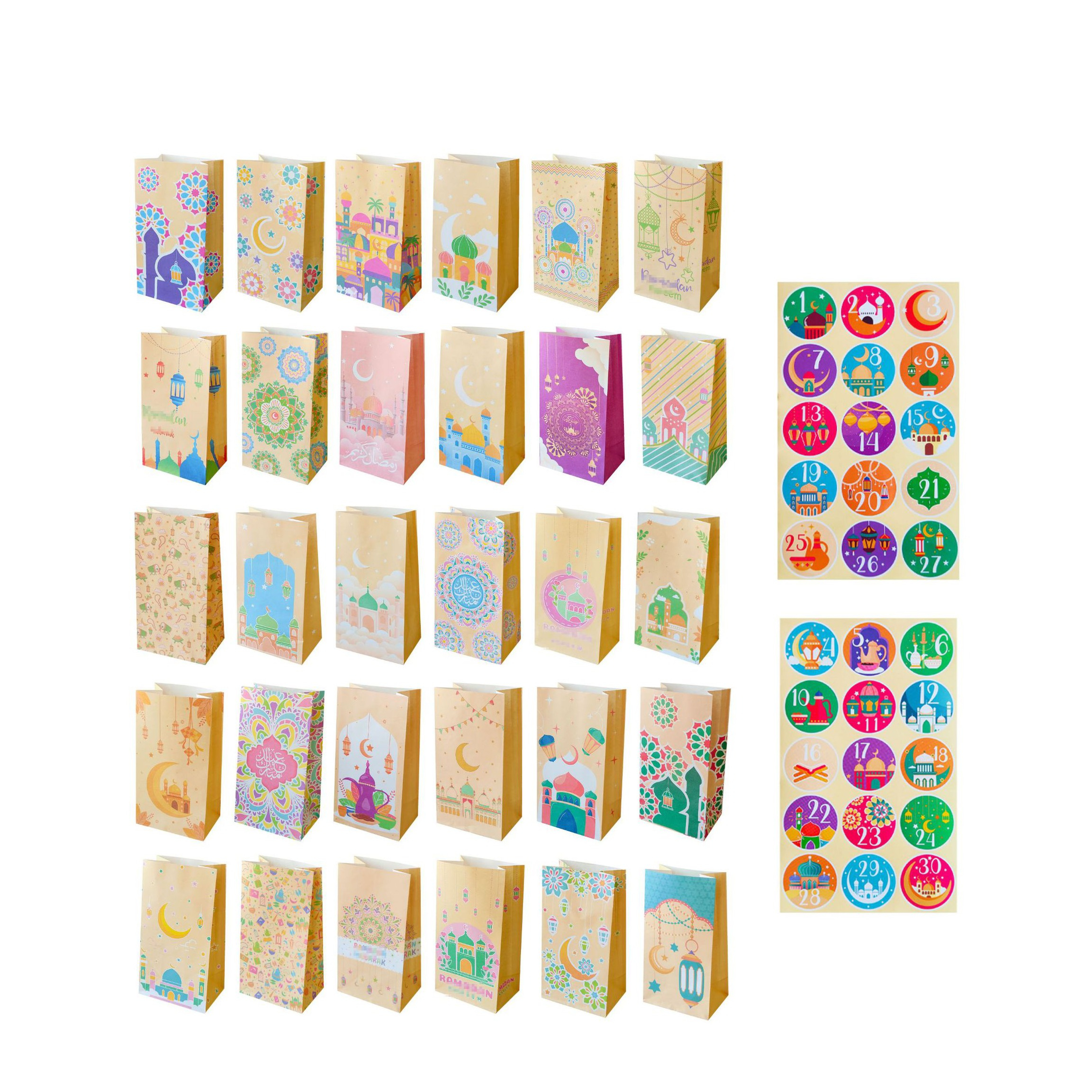 (30er Set) DIY Ramadan Kalender zum Befüllen Eid Mubarak Geschenk Tüten Candy Gift Bags inkl. Sticker - Bunt