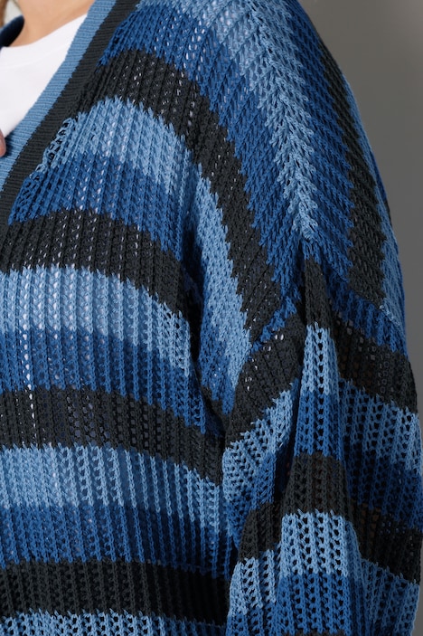 Strickjacke, oversized, Rippstrick, Streifen, offene Form, 3/4-Ärmel