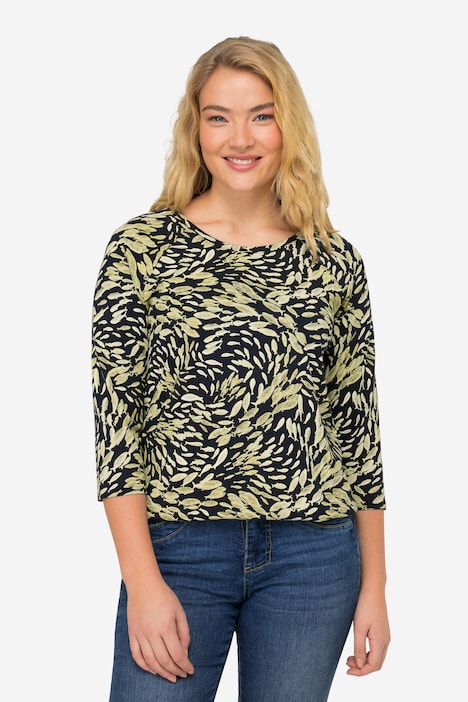 T-Shirt, Fische Print, Rundhals, 3/4-Ärmel, elastischer Saum, OEKO-TEX