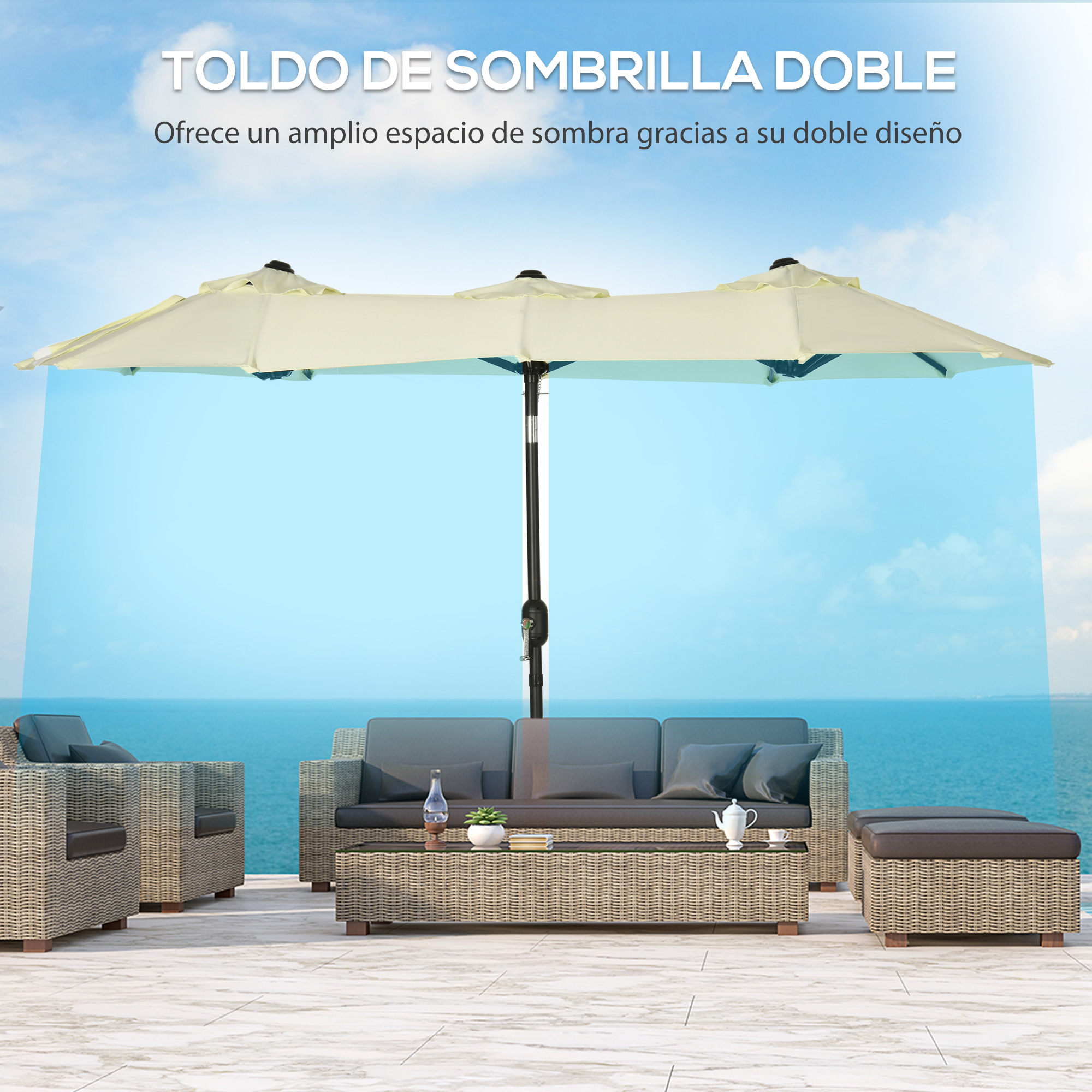 Guarda-sol duplo Outsunny 285x147x227 cm para jardim, com inclinação de 45°, manivela, varetas de aço e 3 orifícios de ventilação, ideal para terraço, varanda e piscina. Cor bege.