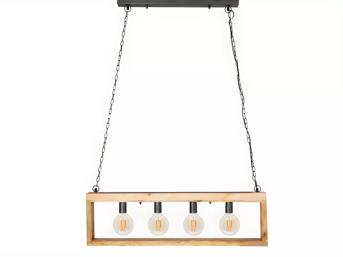 Suspension style industriel caisse rectangulaire en bois OLIUS - bois et métal -4 lampes - H. 31 x L.100 cm - naturel et noir