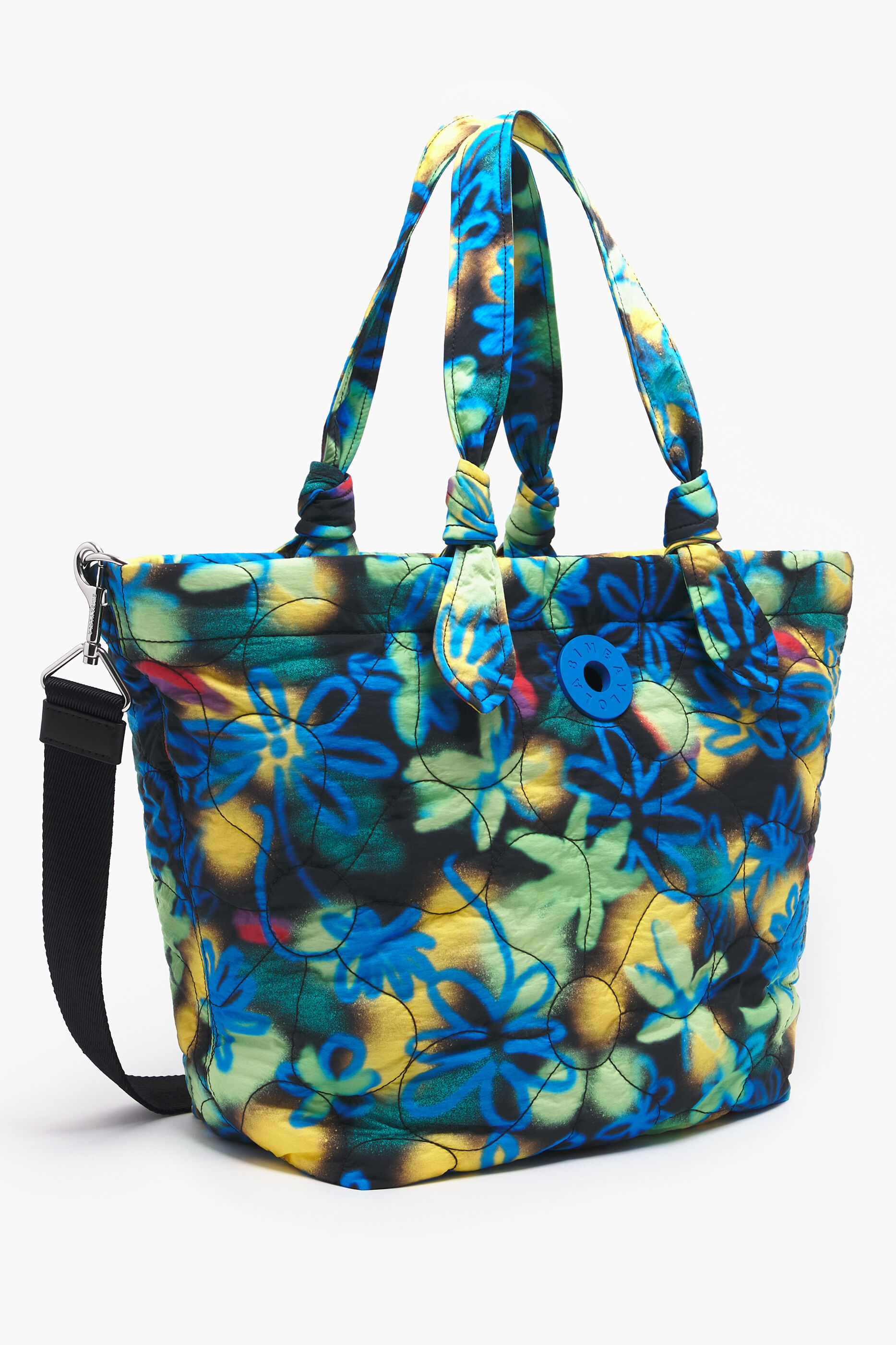 Sacola de compras tamanho XL em nylon com estampa de flores de grafite azul.
