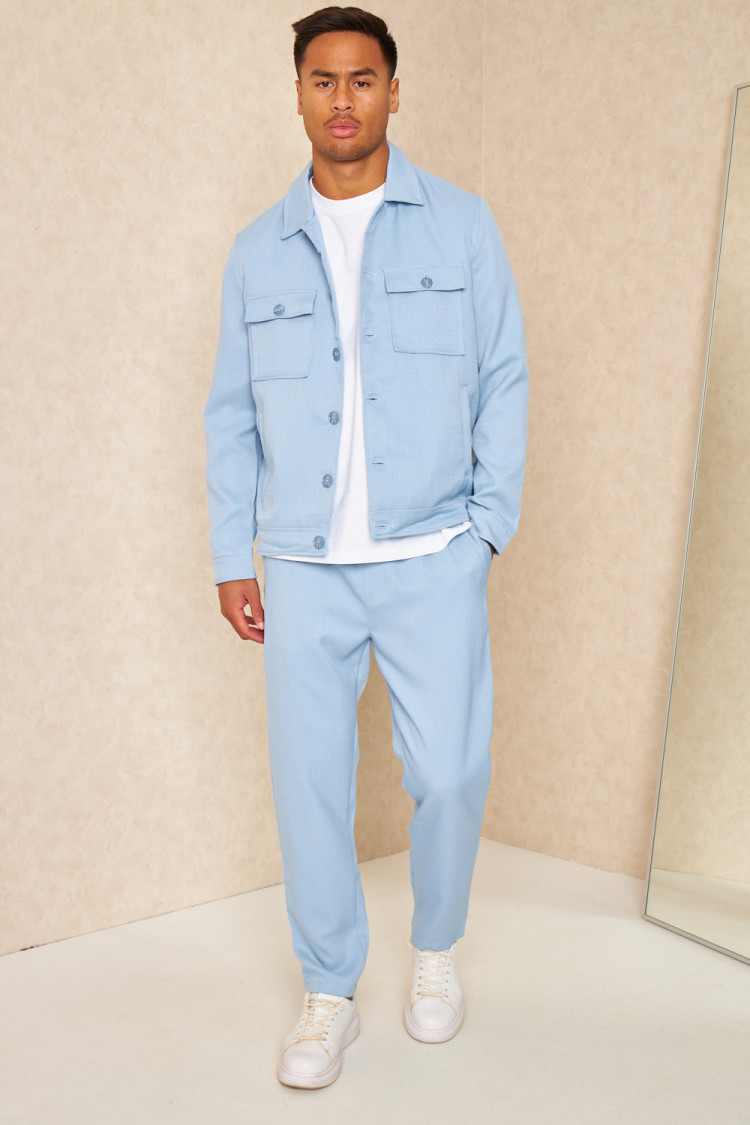 Ensemble 2 pièces surchemise + pantalon texture lin bleu clair