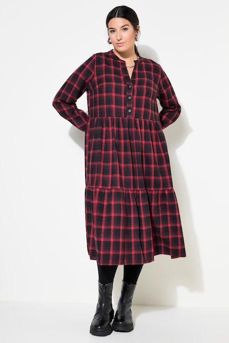 Midi-Flanellkleid, Karo, Tunika-Ausschnitt, Langarm