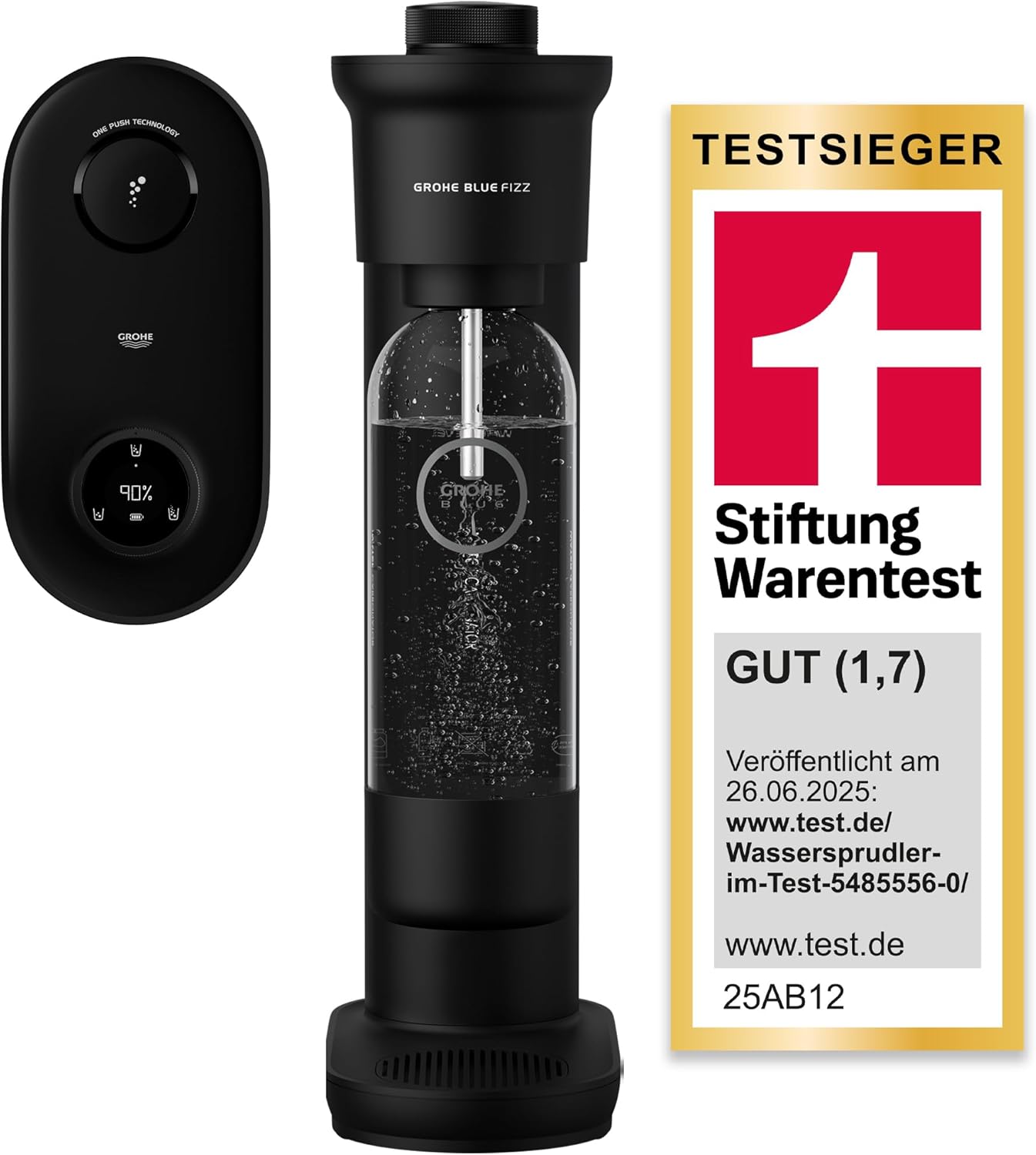 GROHE Blue Fizz, Wassersprudler Starter Set (mit CO2-Füllstandsanzeige, 3 einstellbare Sprudel-Stufen, ohne CO2 Flasche, 1x 0,85l Wasserflasche + Reinigungspulver), schwarz, 31947K00