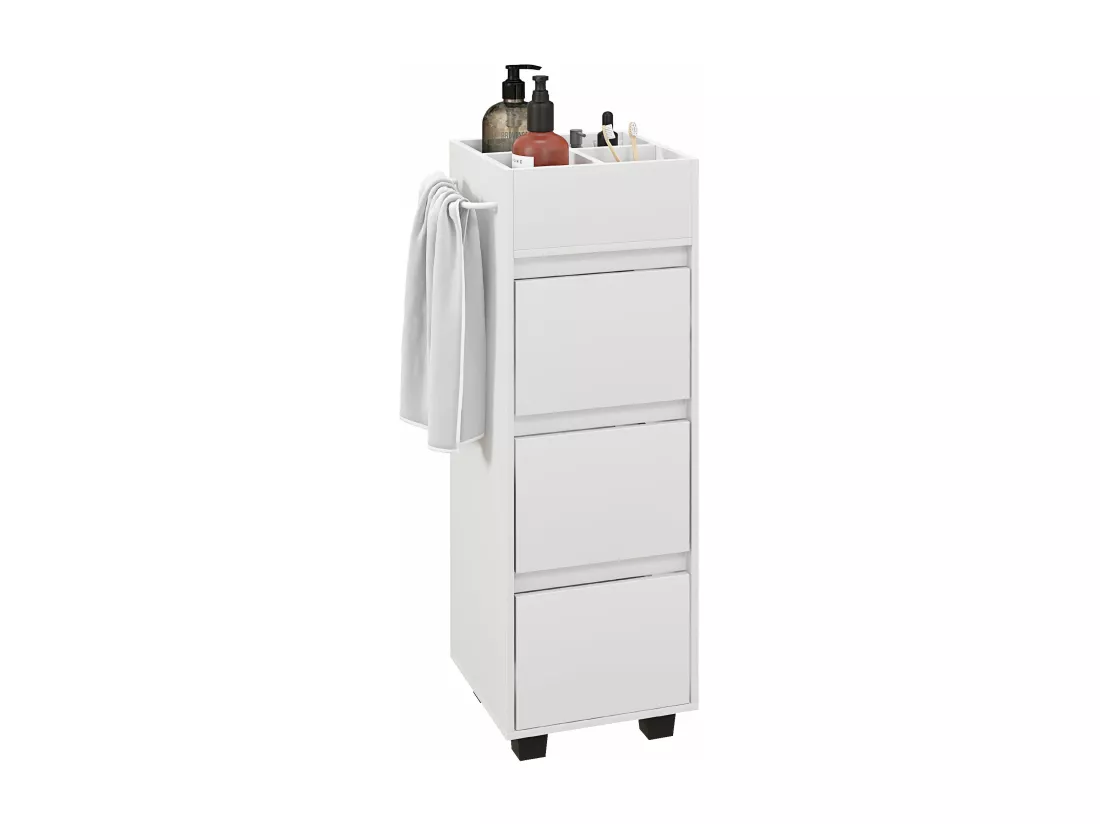 Meuble de salle de bain meuble de rangement avec 4 compartiments sur le dessus, 3 tiroirs et porte-serviettes pour les espaces étroits, 35 x 30 x 90cm, blanc
