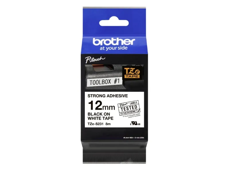 Brother TZe-S231 labeltape - sort på hvid 12mm x 8m - ekstra stærk klæbende