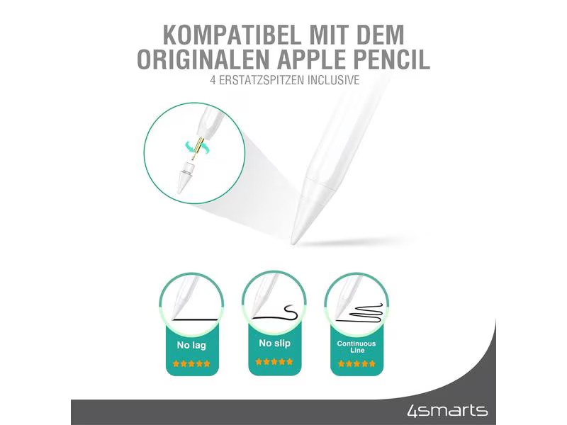 (4er Set) Apple Pencil (1. & 2. Gen.)  Ersatz Spitzen Schreibfedern Schutzkappen (4S540665) - Weiss
