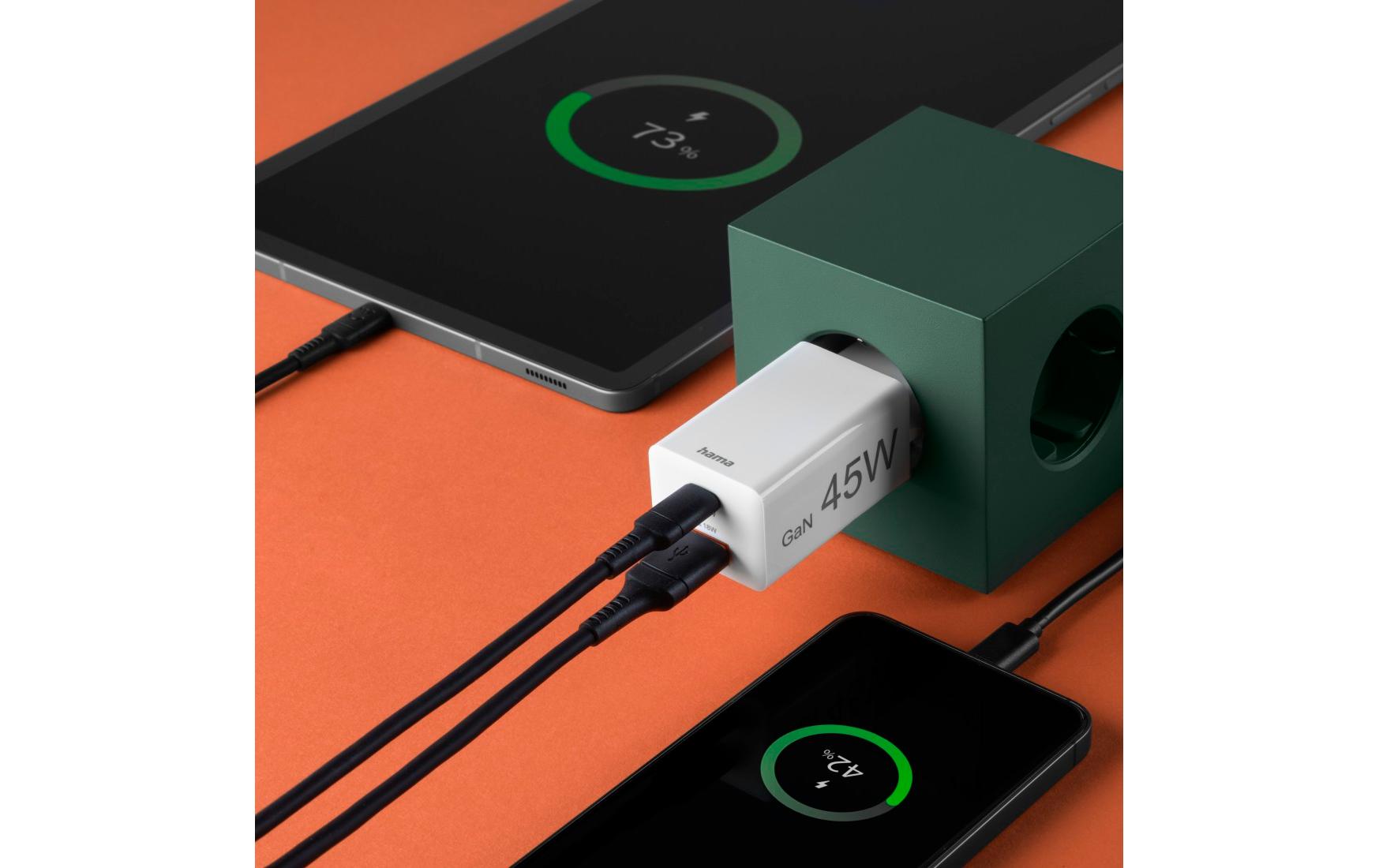 USB-Wandladegerät Gan charger USB-A USB-C 45 W WeissSchnellladegerät mit 1x USB-C und 1x USB-A