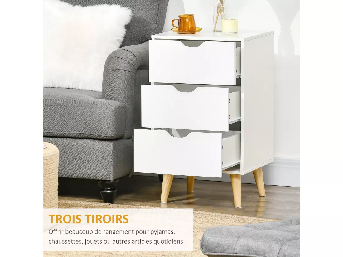 Meuble de rangement chiffonnier 3 tiroirs design scandinave piètement effilé incliné bois pin panneaux blanc