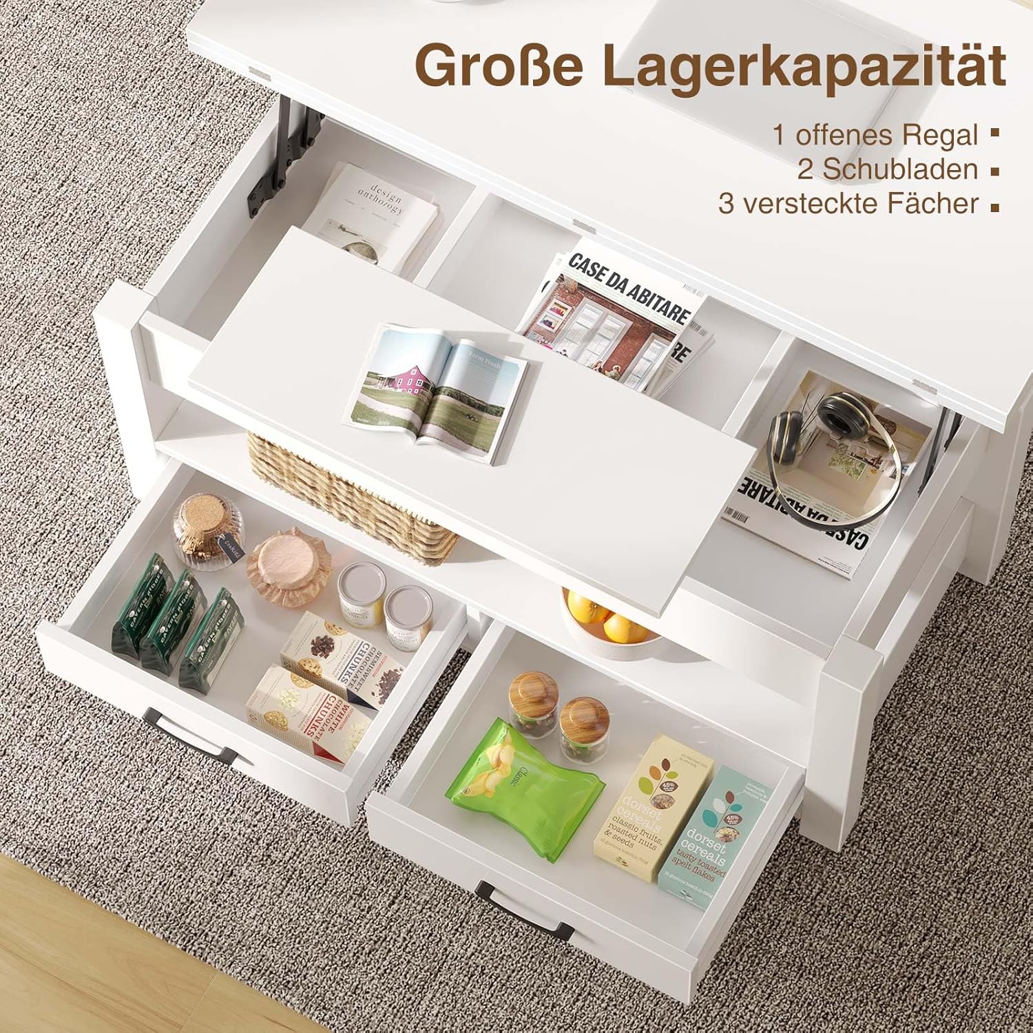 Rolanstar Couchtisch Höhenverstellbar, Wohnzimmertisch mit Schublade & verstecktem Fach, Kaffeetisch umwandelbar in Esstisch, 100 x 50 cm Sofatisch aus Holz, Weiß