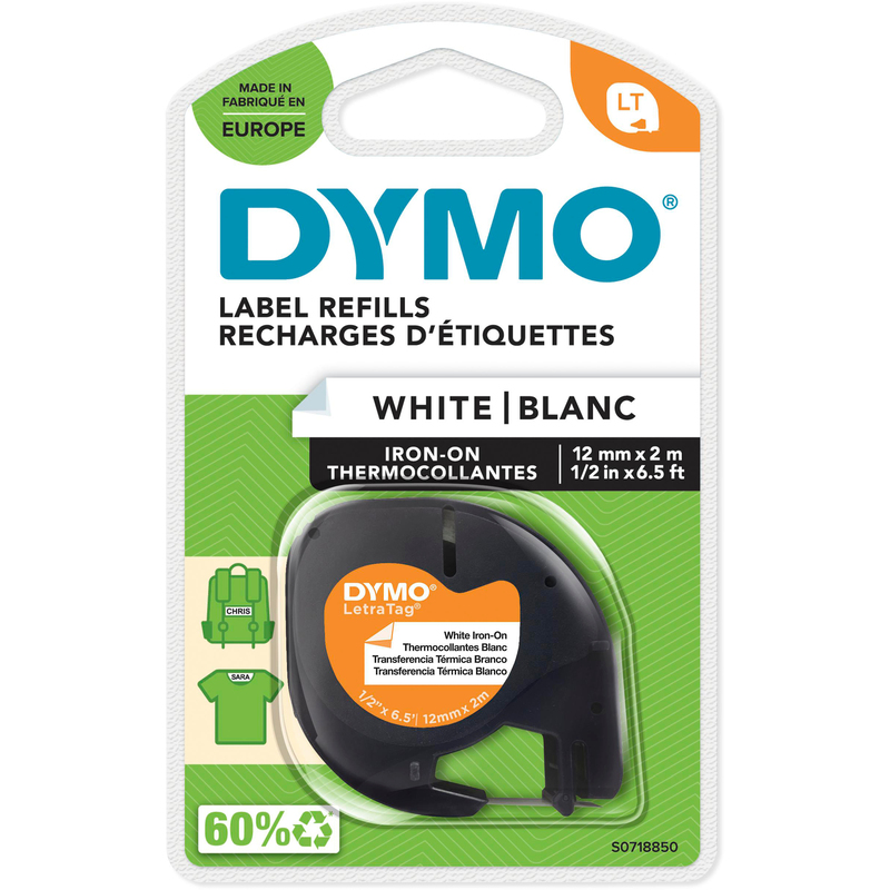 Dymo Beschriftungsband LetraTag, S0718850, aufbügelbar, 12 mm, schwarz auf weiss