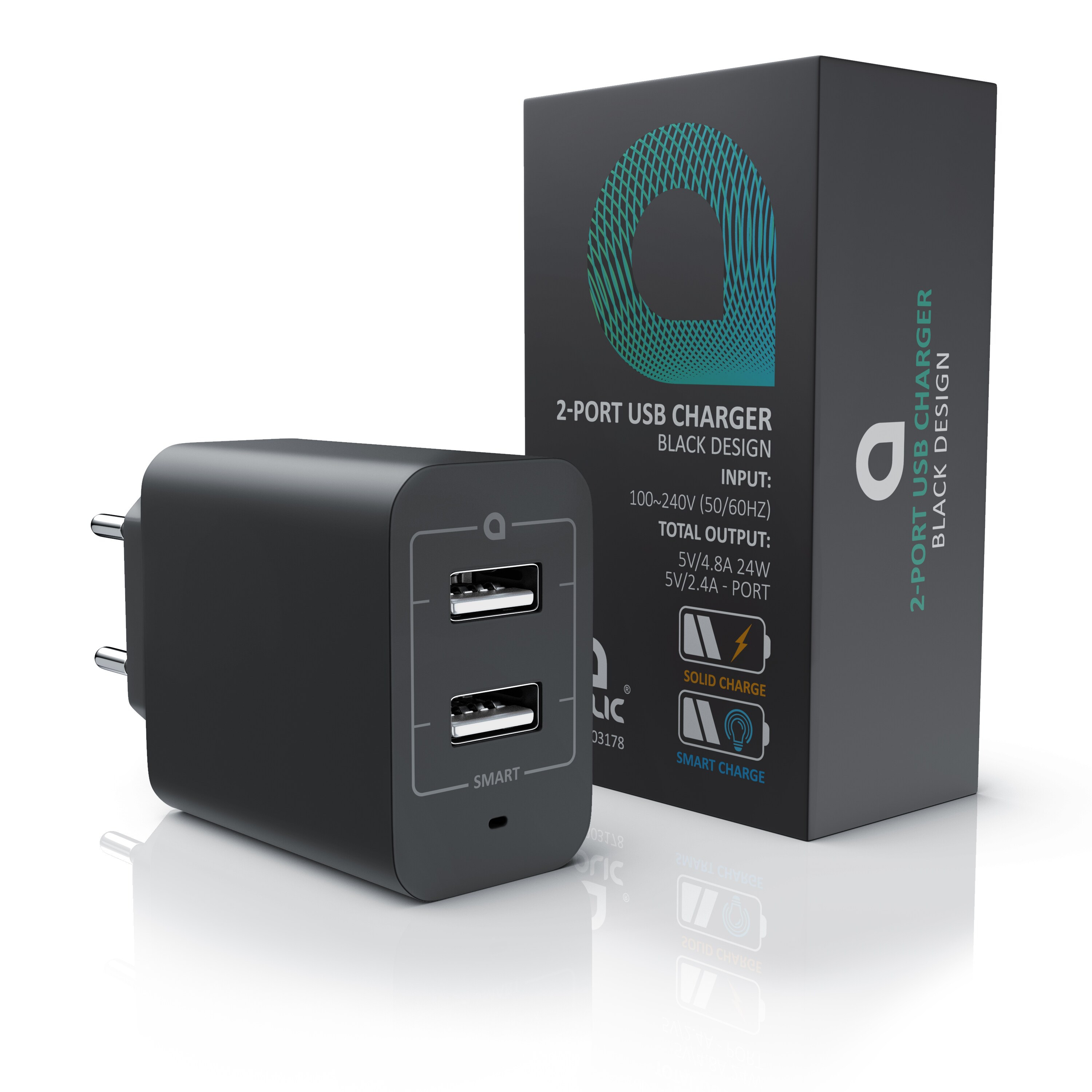 Aplic USB-Ladegerät 4800 mA, 2-Port Netzteil für Handy/Smartphone/Tablet, 4800mA - 2400mA je Port