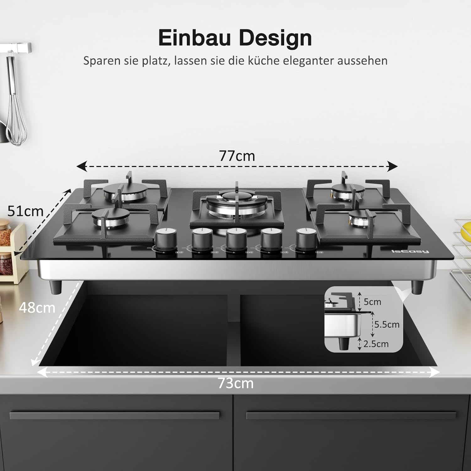 Gaskochfeld 5 Flammig, IsEasy Glas Gaskochfeld mit Automatischer Thermoelementschutz, Einbau 5 Zonen Glas Gaskochfeld, Erdgas(20mbr)/Propangas(30/50 mbr), Schwarz Glasherd, 77cm, 10.5KW