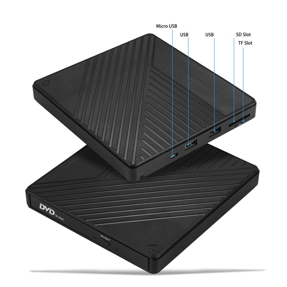 3in1 Slim Super Drive USB C / USB 3.0 CD DVD-RW Externes Laufwerk Brenner mit SD- / MicroSD Card Reader / Dual USB für MacBook / Laptop - Schwarz
