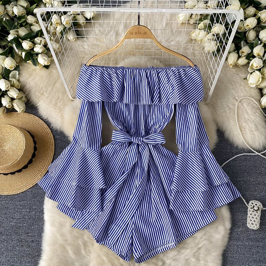 Lucuna - Lange mouwen off-shoulder gestreepte romper