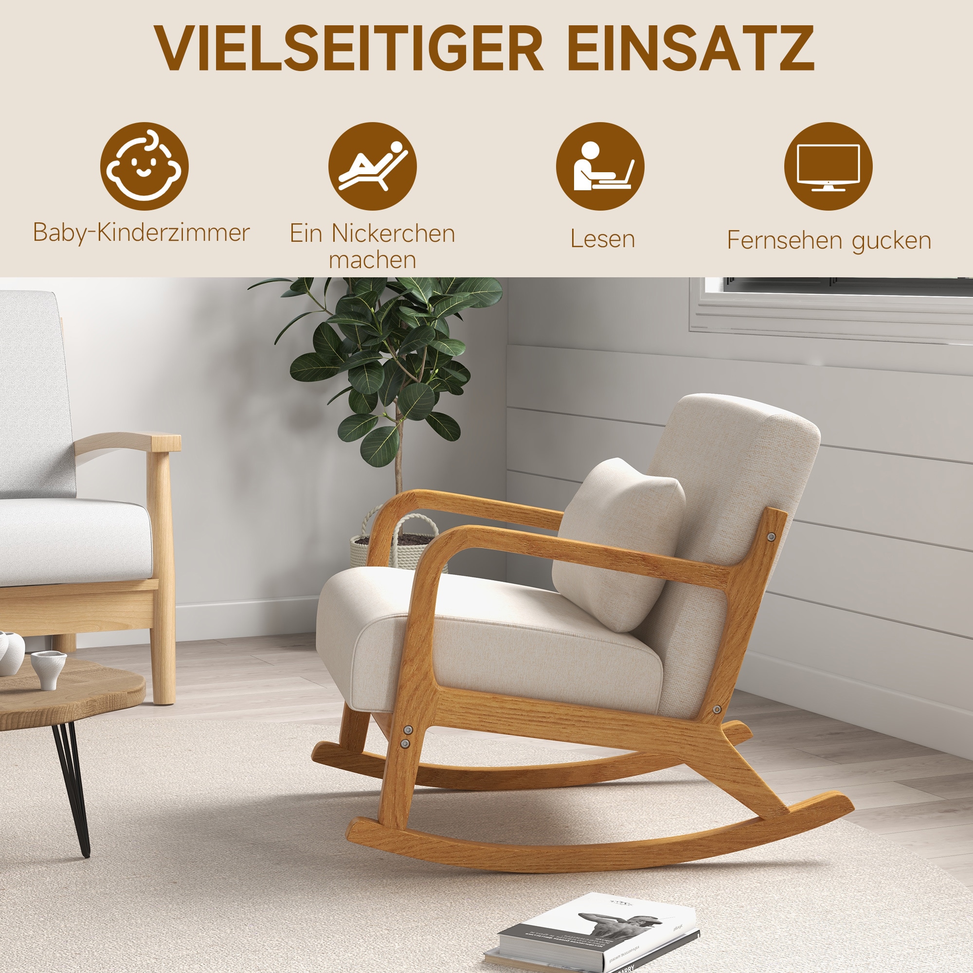 HOMCOM Schaukelstuhl mit Kissen weiß 64,5L x 92B x 81,5H cm