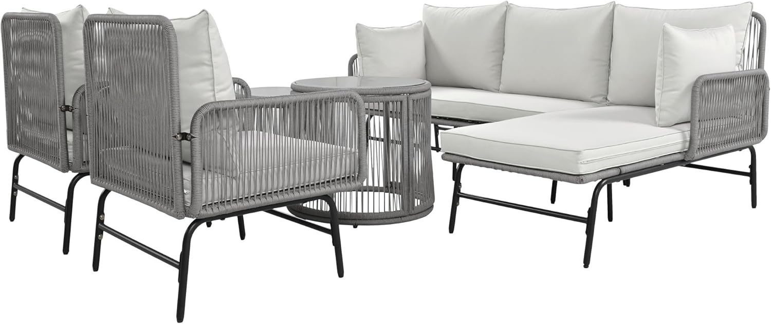Gartenmöbel Lounge Set 6-TLG für 6 Personen, Lounge Möbel Outdoor mit 2 Sofa, 2 Tisch und 2 Stühle mit Sitzkissen, Eisen Gestell und Gewebtem Seil Gartengarnitur Sitzgruppe Outdoor, Grau