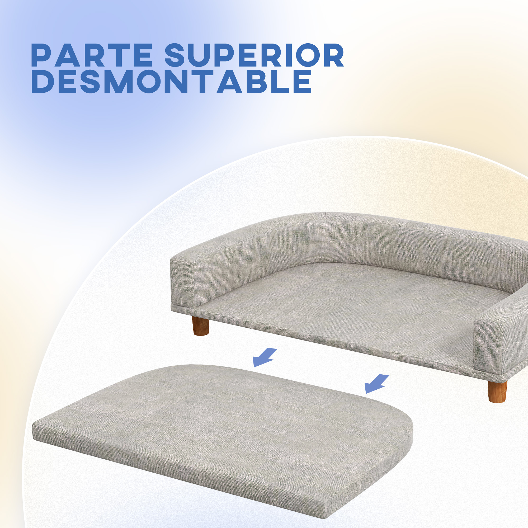 Sofá grande para cães PawHut, cama elevada estofada para cães com almofada lavável e pés de madeira de pinho, capacidade de carga de 40 kg, 98 x 67 x 25 cm, cinza.