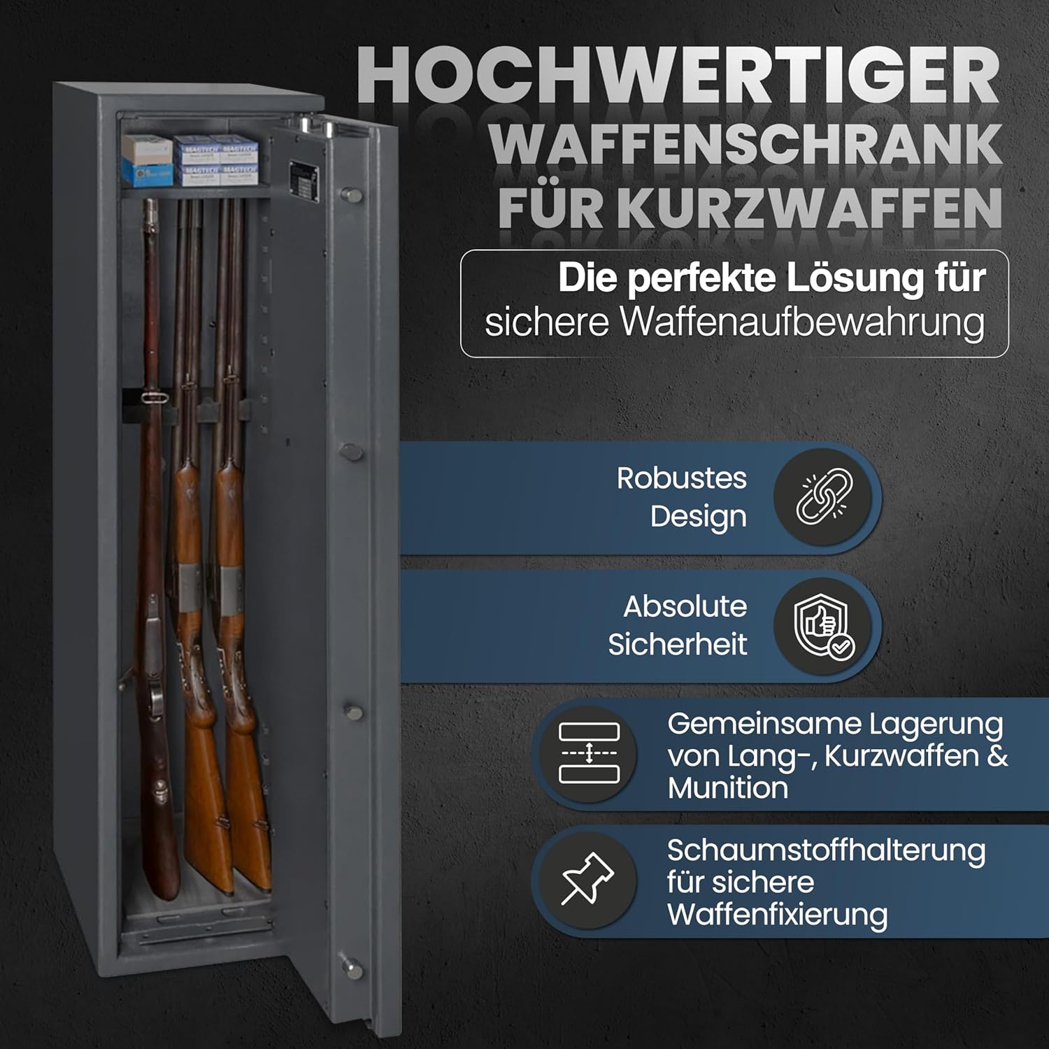 Waffenschrank EN 1143-1 Klasse 0 mit Zahlenschloss, Waffentresor Widerstandsgrad 0 mit elektr. Zahlenschloss, Waffensafe Grad 0 für 4 Langwaffen, Zugelassener Waffenschrank