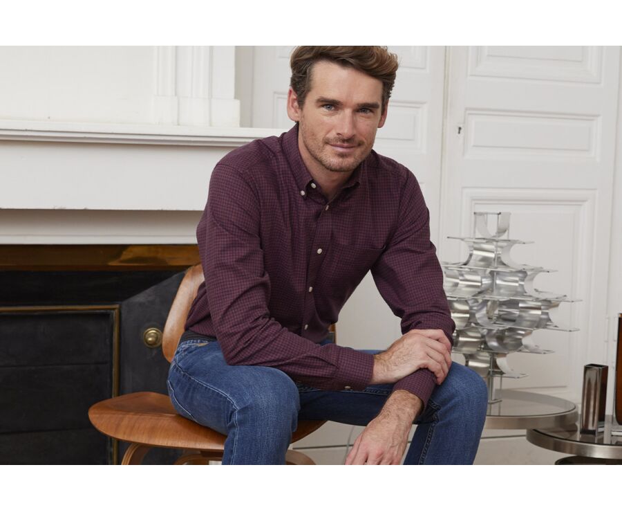 Chemise flanelle rouge sombre à petits carreaux navy - BRODY