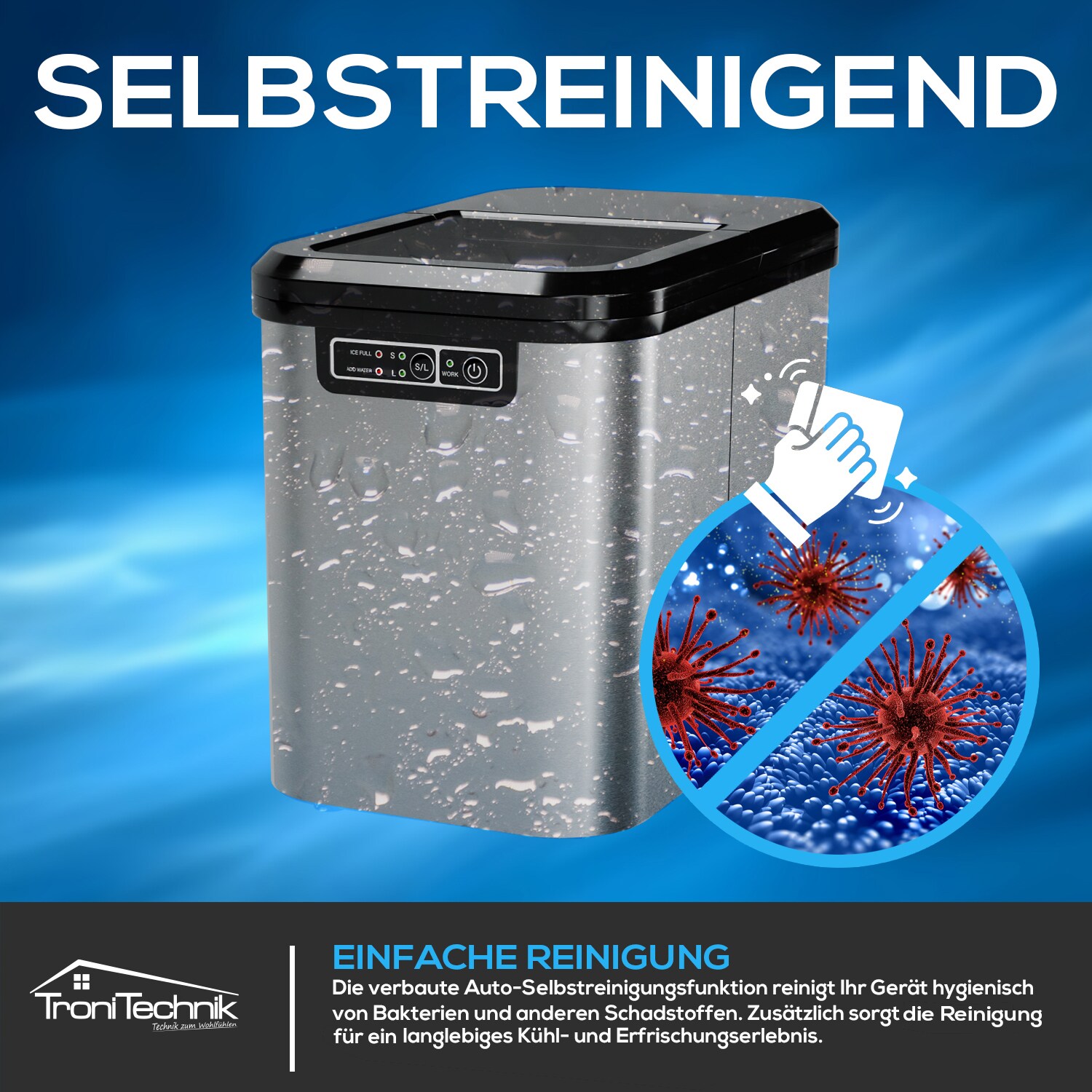 TroniTechnik® Eiswürfelmaschine Eiswürfelbereiter aus Edelstahl , Ice Maker, 12kg/24h, 2,2 Liter Wassertank, 2 Größen, Selbstreinigung