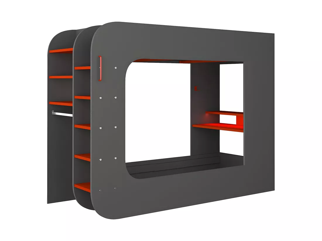 Lit mezzanine gamer 90 x 200 cm - Avec bureau et rangements - Avec LEDs - Anthracite et rouge - WARRIOR