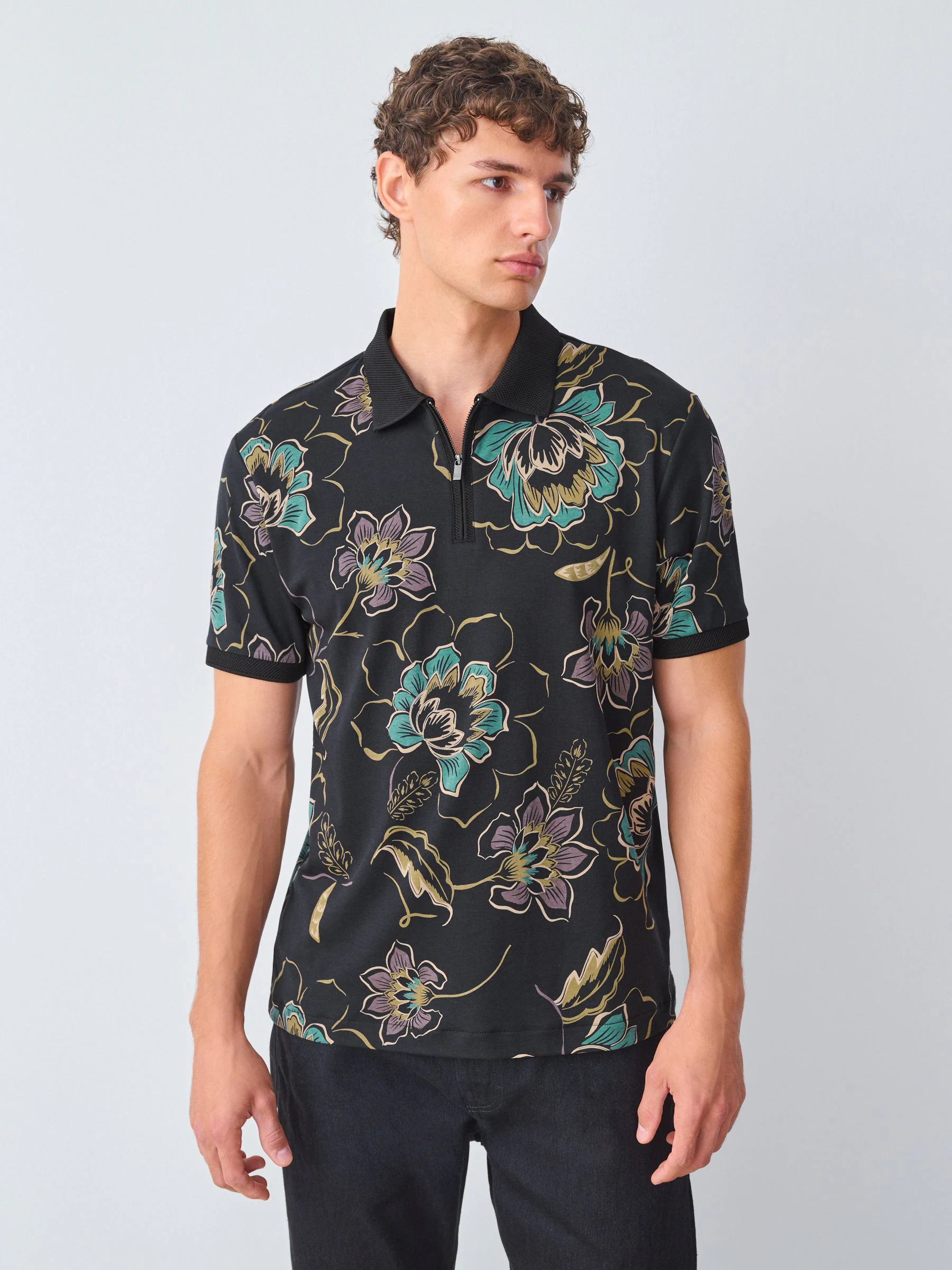 Zwart bloemenprint - Poloshirt met korte mouwen en print