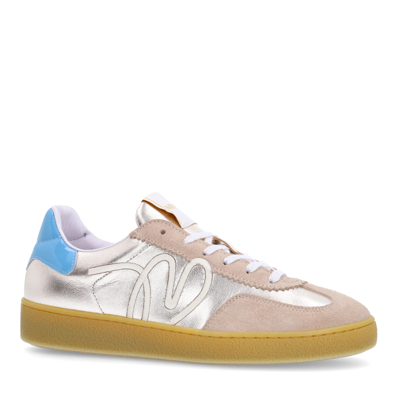 Beige leren sneakers met goudkleurige & blauwe details