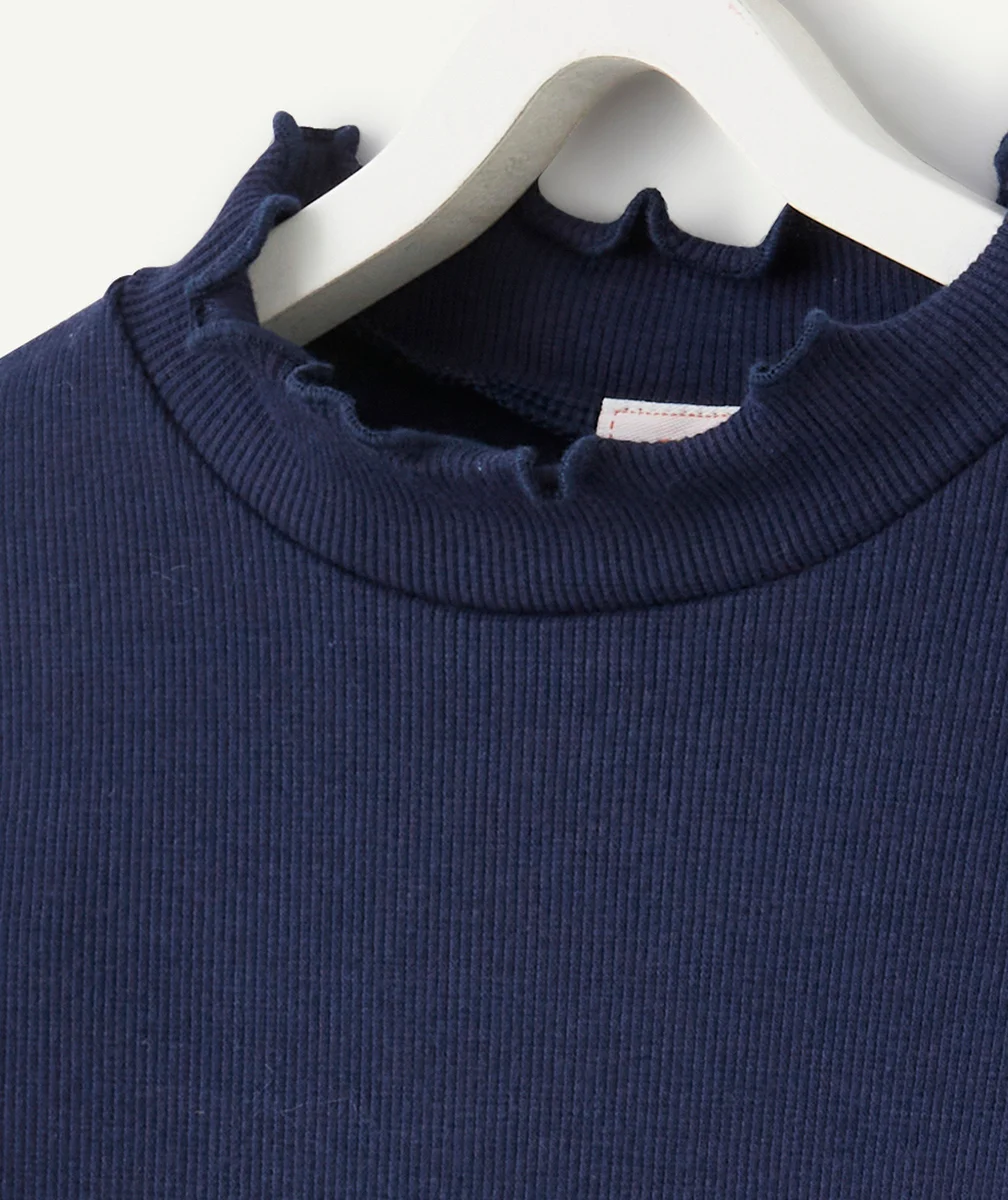SOUS-PULL CÔTELÉ FILLE EN COTON BIO MARINE AVEC FESTONS