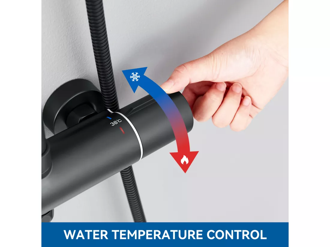 Colonne Douche Noir avec Mitigeur Thermostatique de 38°C,Réglable Hauteur,Pommeau Main 3 Jets+Ensemble Salle Bain Accessoire 6 Pièces,Inox,Noir