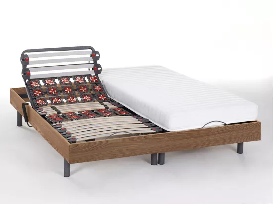 Lit électrique de relaxation lattes et plots + matelas accueil latex - 2 x 90 x 200 cm - Chêne - PANDORA II de YSMÉE