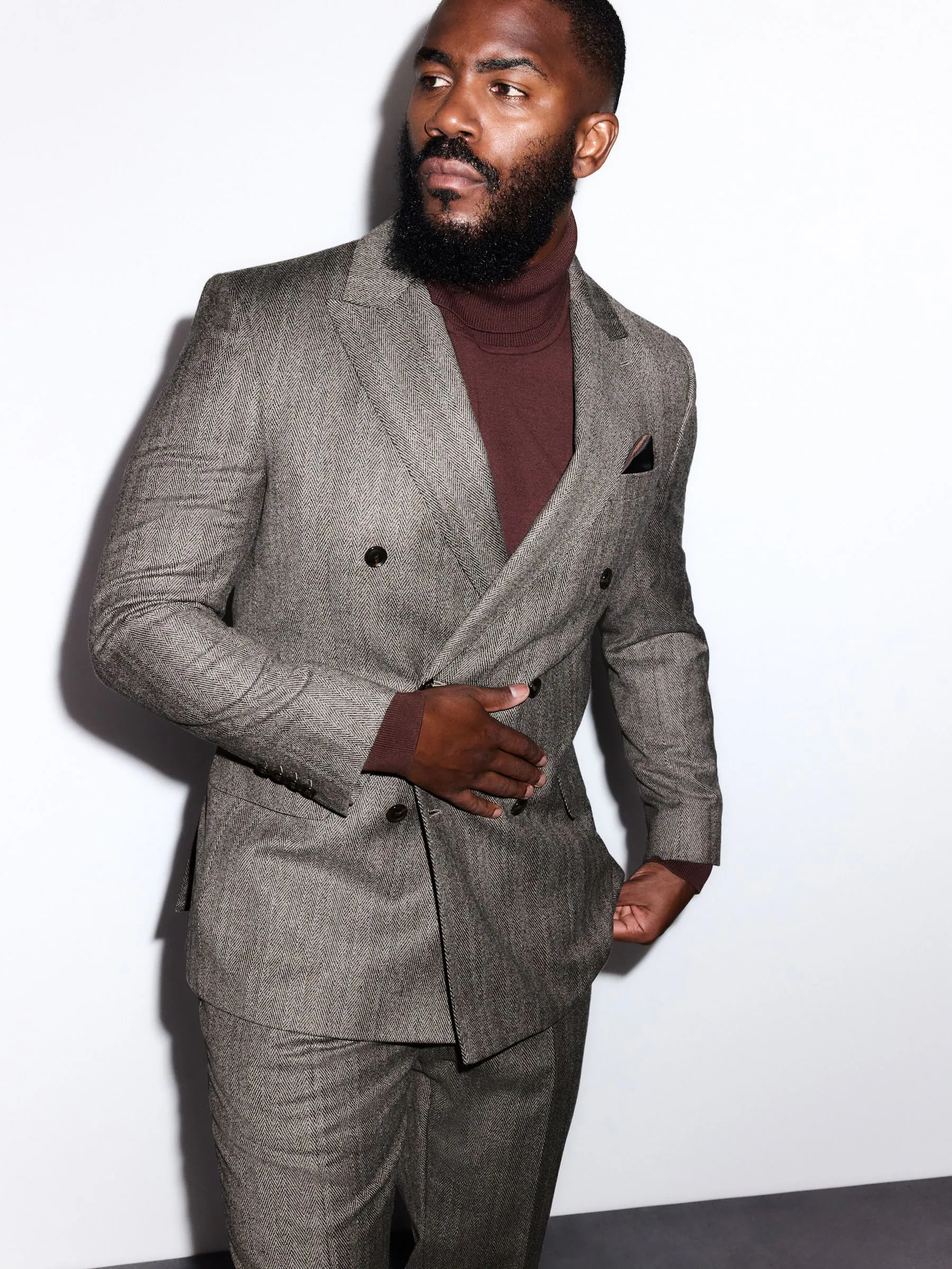 Taupe bruin - Double Breasted Signature Marzotto 100% Italian Wool Herringbone Suit Jacket