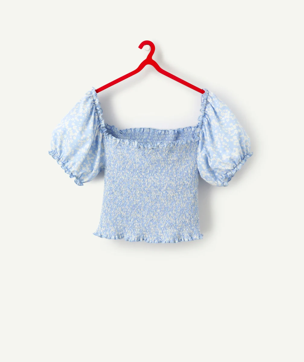 BLOUSE FILLE FLEURIE EN VISCOSE RESPONSABLE ET COL BARDOT