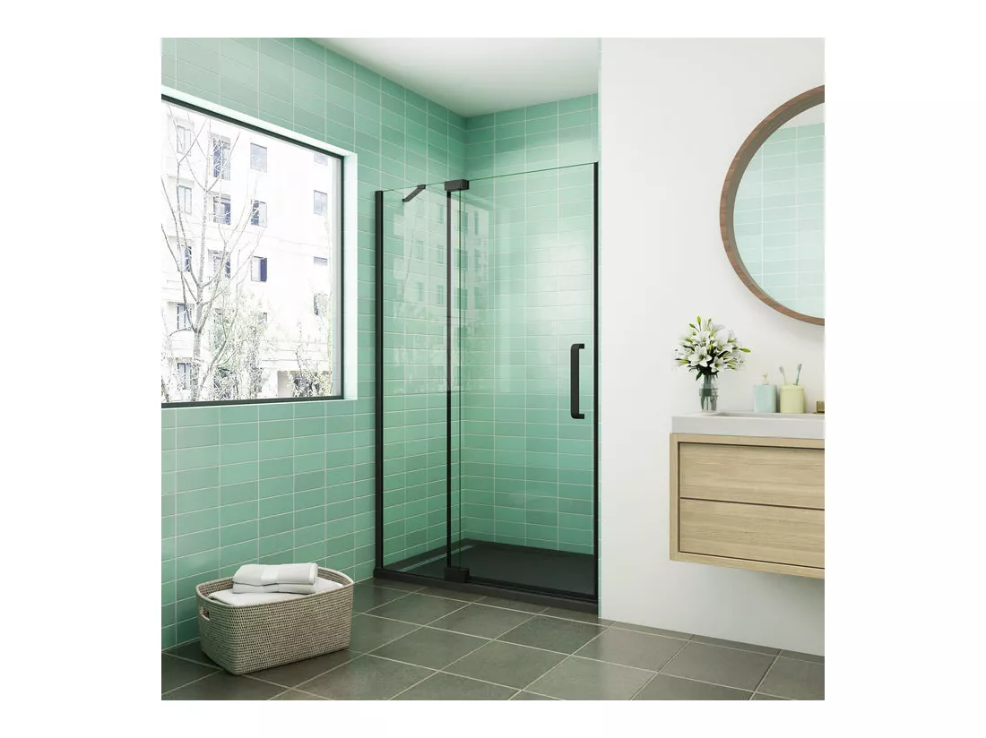 Porte de douche pivotante 90x195cm - Noir Mat - Verre 8mm verre securit anticalcaire