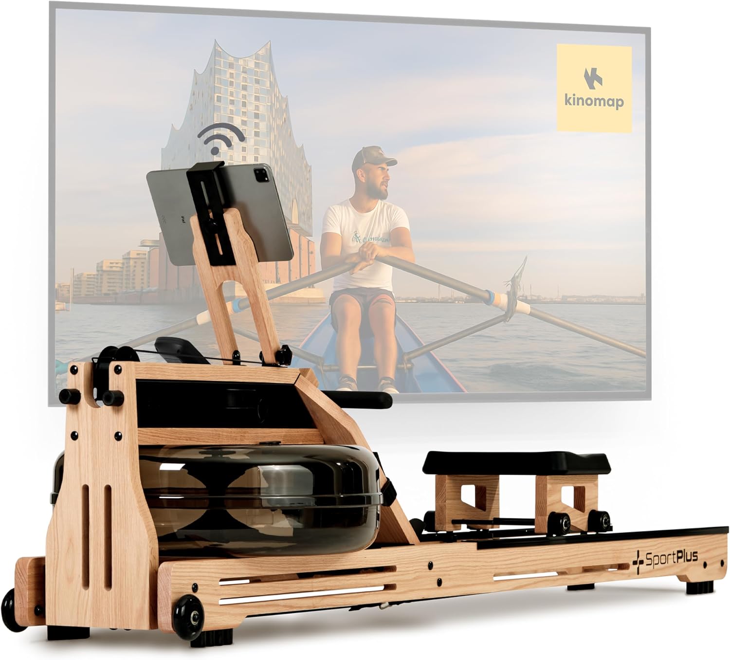 SportPlus Rudergerät für Zuhause Wasser - Wasserrudergerät Designed in Germany - Rudergerät Wasser klappbar Robustes Eichenholz - Premium Rudermaschine Holz bis 180 kg & 200 cm