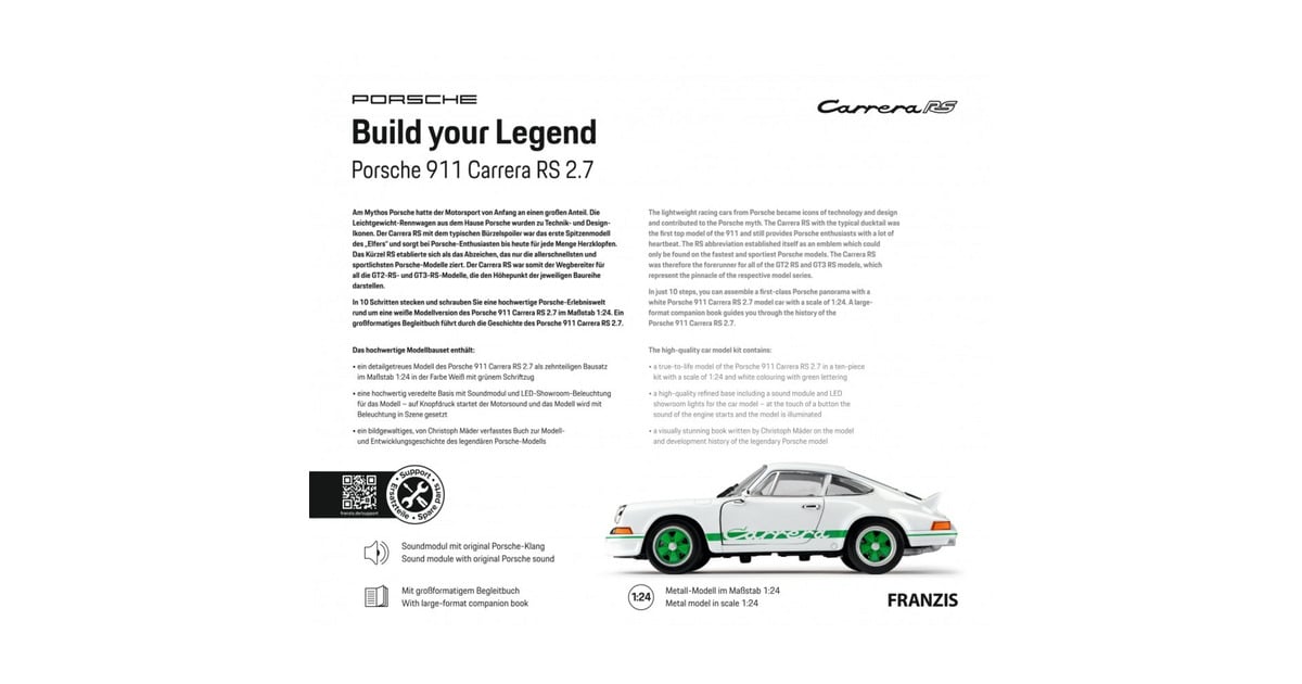 FranzisBuild Your Legend - Porsche 911 Carrera RS 2.7 Modelvoertuig  (Schaal 1:24)