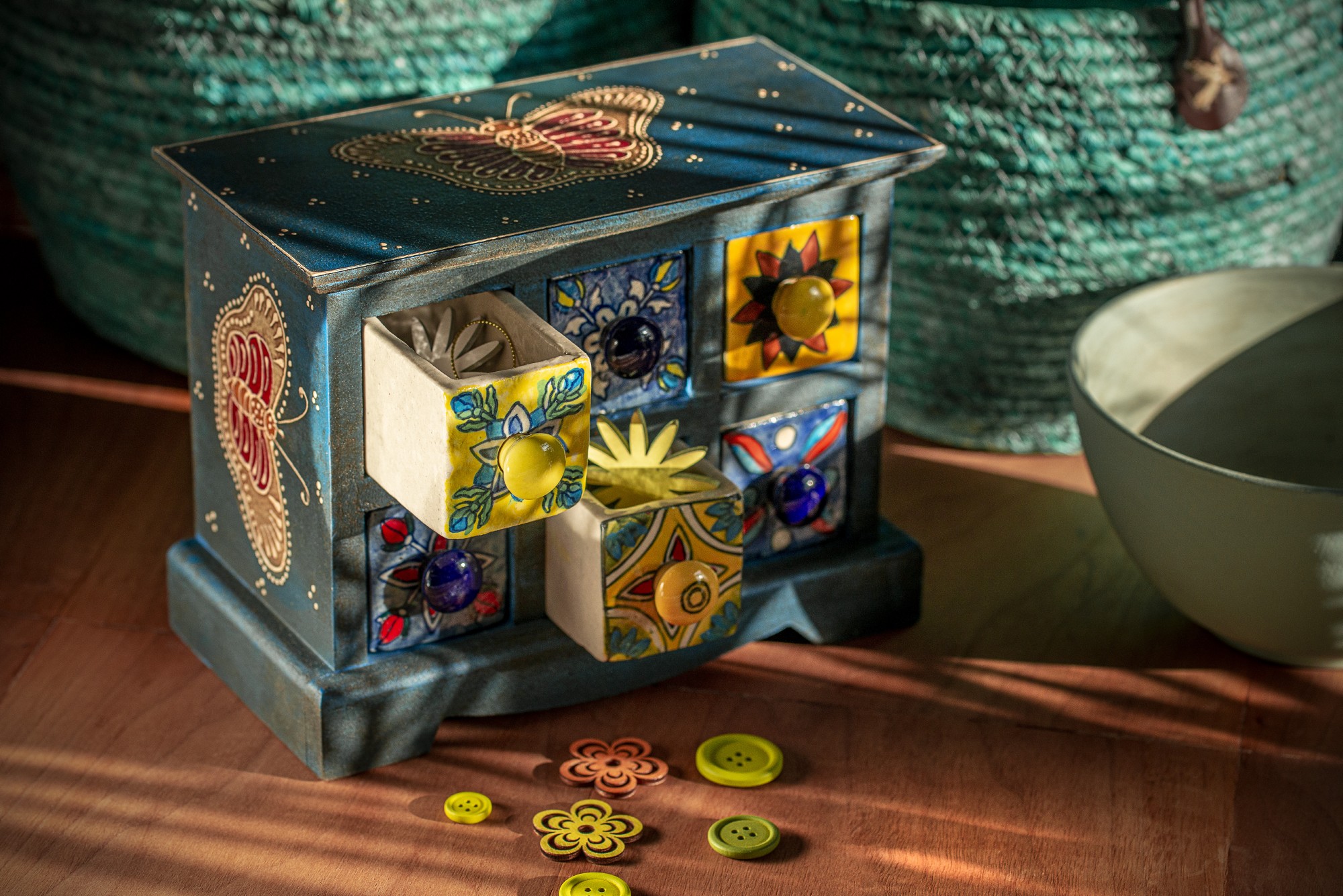 Schubladentruhe mit 6 Schubladen, blau, L 12 cm, B 23 cm, H 18 cm von fischer's lagerhaus