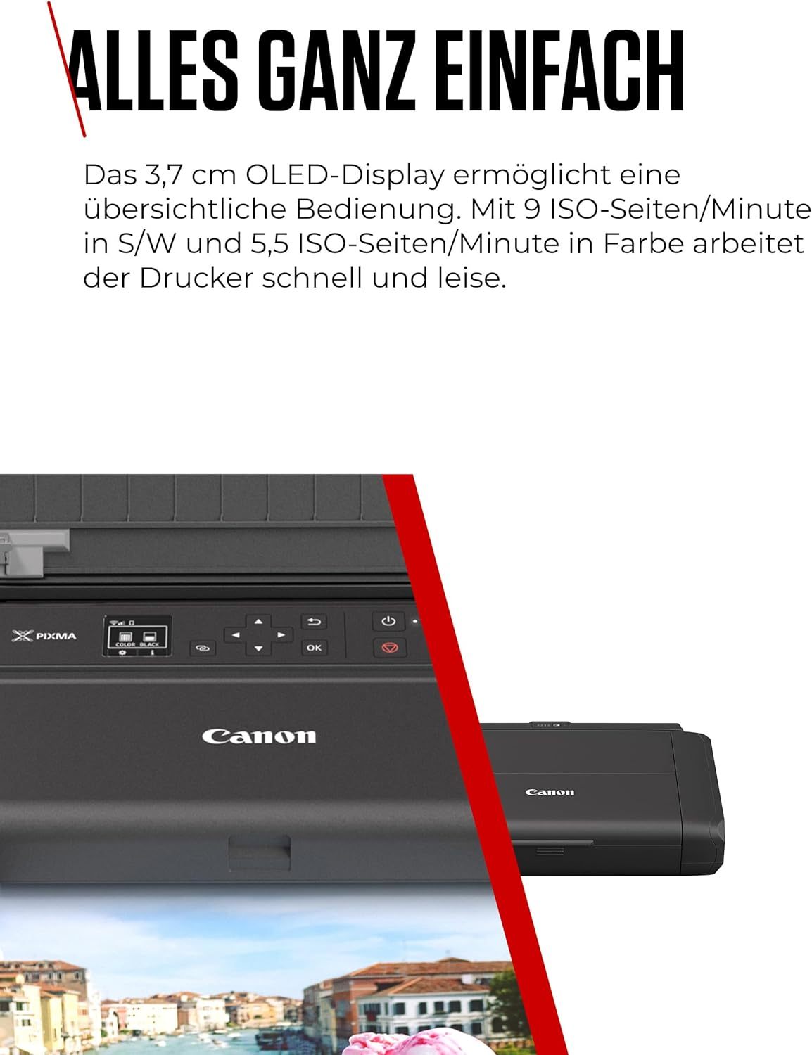 Canon PIXMA TR150 mobiler Drucker mit Akku (WLAN, Cloud, AirPrint, 4.800 DPI x 1.200 DPI, Highspeed USB Typ C, OLED-Display, Tintenstrahldrucker), schwarz